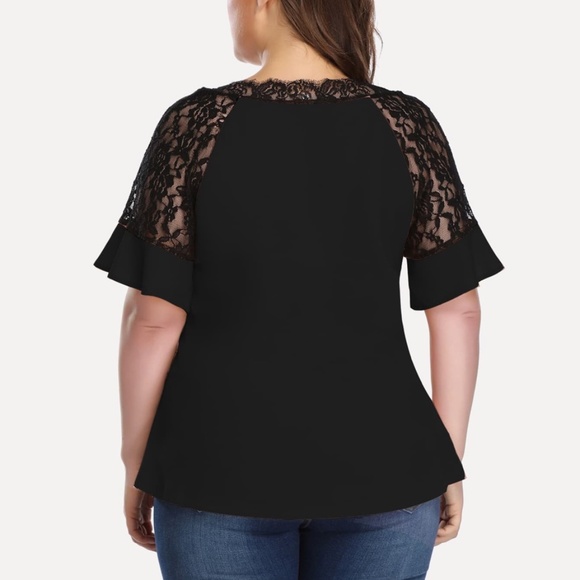 PLUS SIZE V neck Lace Flutter Sleeve Top Red - Picture 5 of 8